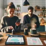 Norwegian couple reviewing budgeting apps on phone and tablet in bright kitchen