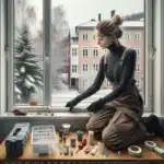 Norwegian homeowner sealing a window to cut energy use in winter