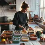 Norwegian kitchen meal prep with budget friendly ingredients labeled containers and ukemeny