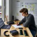 Norwegian professional comparing laptop deals and upgrade parts at a home office