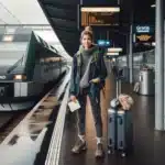 Norwegian traveler with light luggage boarding a train during autumn shoulder season