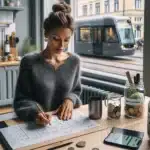 Norwegian woman budgeting at kitchen table with thermos grocery bag and phone app