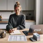 Norwegian woman budgeting with laptop bills and a buffer savings jar