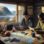 Two travelers plan a budget trip in a norwegian cabin with fjord view