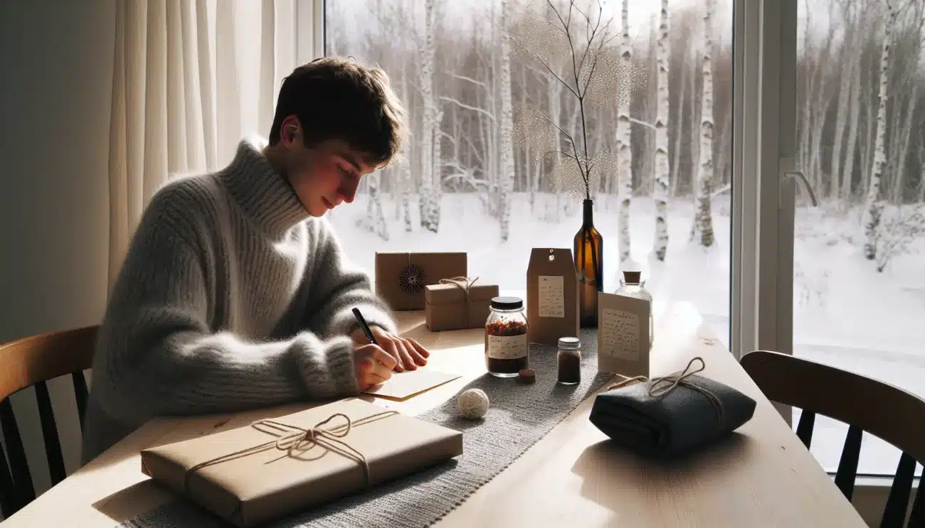 Norwegian adult thoughtfully wrapping budget friendly gifts with homemade touches and personal cards