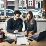 Norwegian couple reviews insurance at home with safety gear and car outside