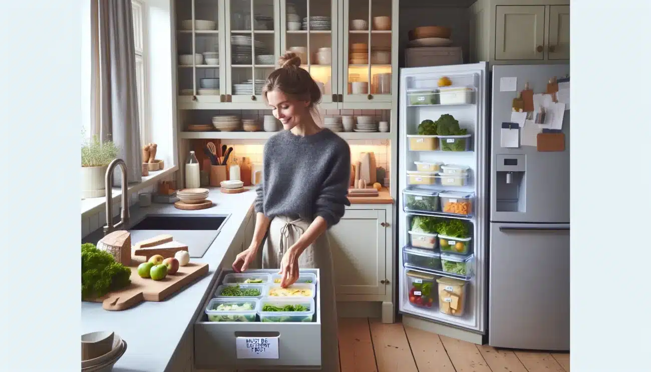Norwegian home cook organizing a use first fridge to reduce food waste