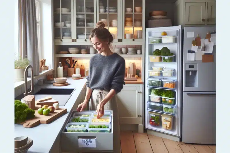 Norwegian home cook organizing a use first fridge to reduce food waste