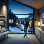 Norwegian homeowner checks energy app in winter living room with heat pump