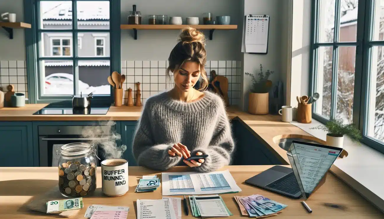 Norwegian woman budgeting with banking app buffer jar and bills at home