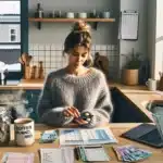 Norwegian woman budgeting with banking app buffer jar and bills at home