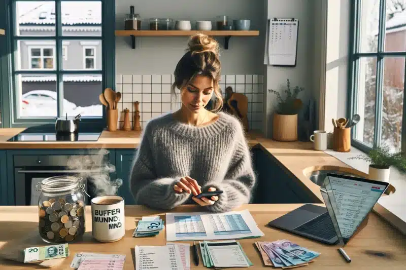 Norwegian woman budgeting with banking app buffer jar and bills at home
