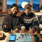 Two friends plan budget entertainment with library books board game and tv